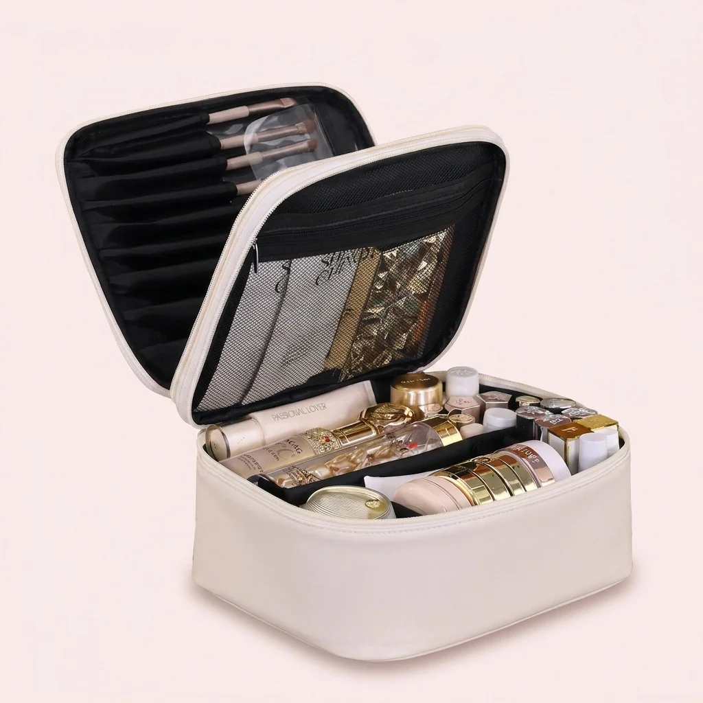 Cross-border Double-layer Four-partition PU Large Cosmetic Bag Women's Portable High-class